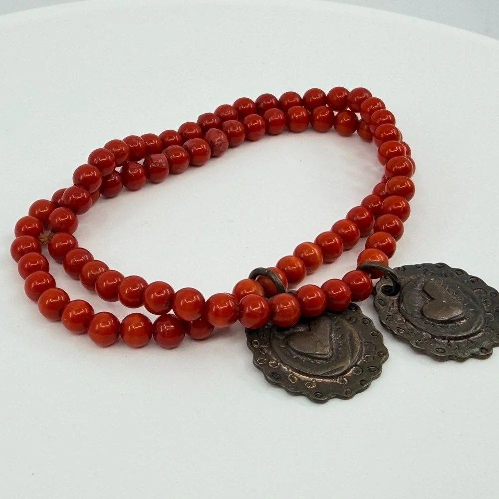 Vintage Red Beaded Double Strand Bracelet Bronze Heart Charms‎ Boho Artisan Y2K